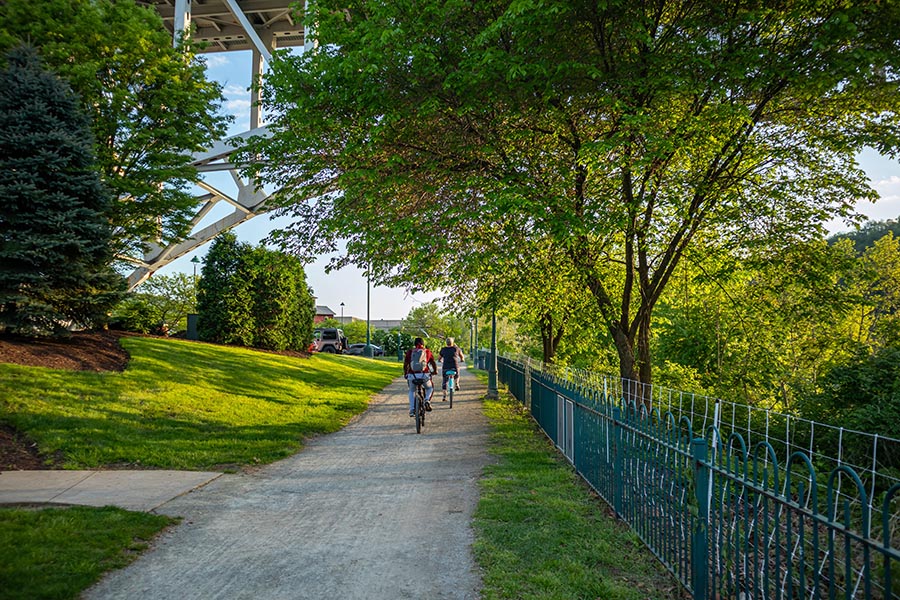 About Our Agency - Beautiful Green Biking Path Cutting Under a Steel Bridge, a Fence to the Right